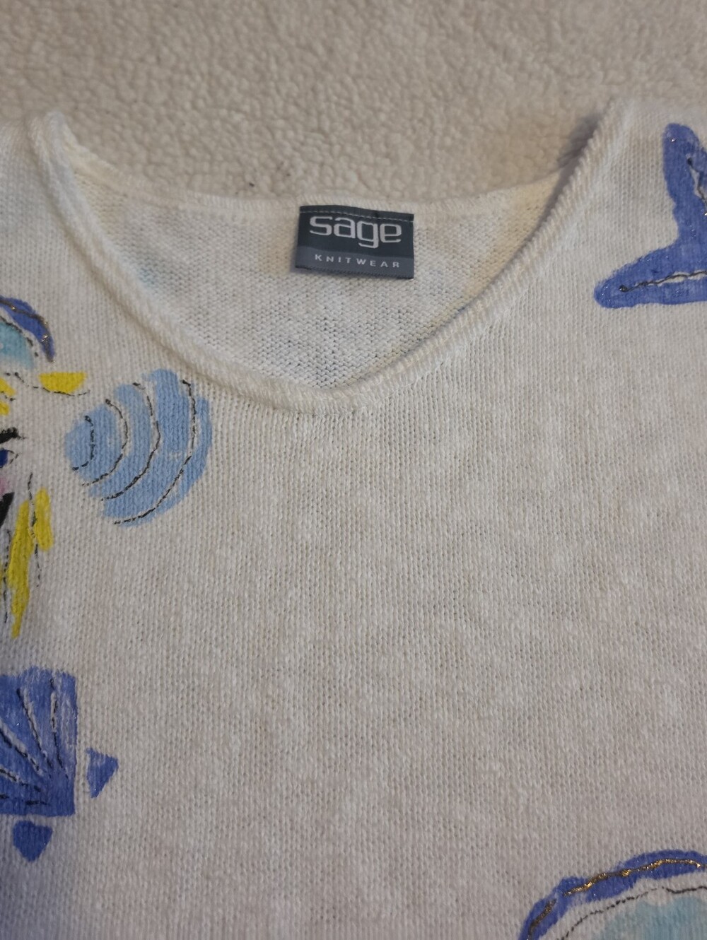 Sage Cream V-Neck Sweater with Blue and Yellow Painted Accents